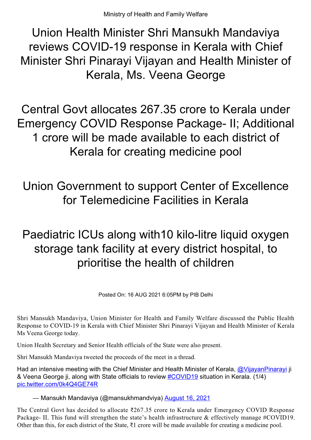 Union Health Minister Shri Mansukh Mandaviya Reviews COVID-19 Response in Kerala with Chief Minister Shri Pinarayi Vijayan and Health Minister of Kerala, Ms