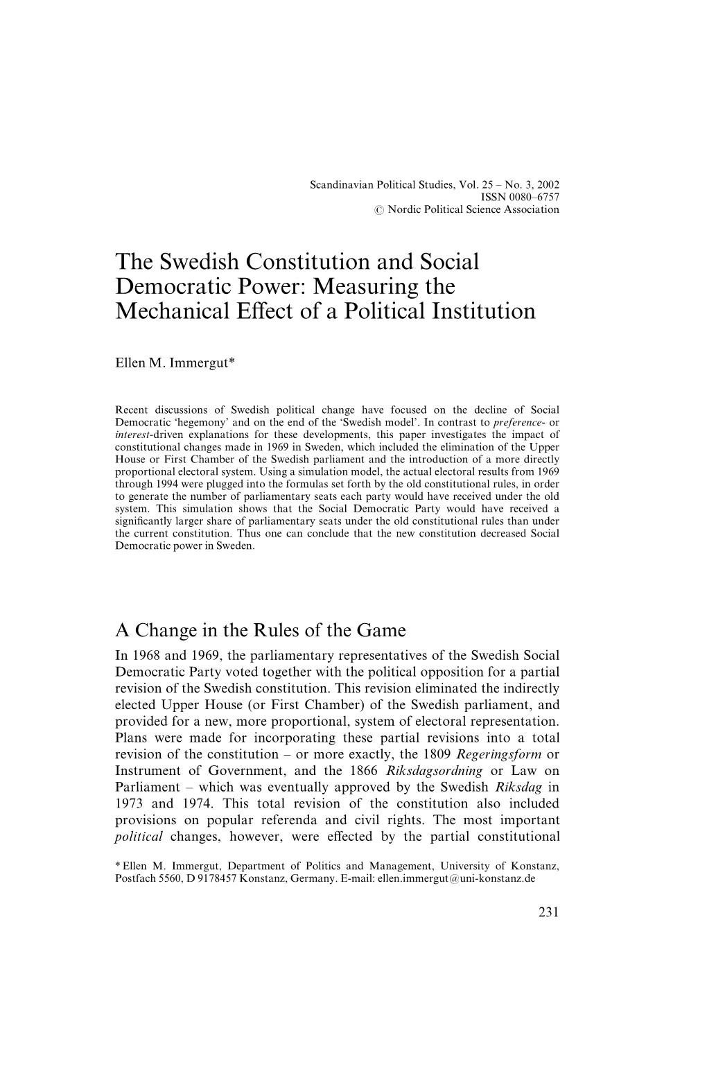 The Swedish Constitution and Social Democratic Power: Measuring the Mechanical E¡Ect of a Political Institution