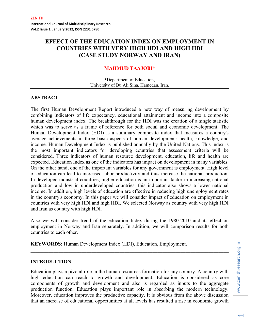 Effect of the Education Index on Employment in Countries with Very High Hdi and High Hdi (Case Study Norway and Iran)