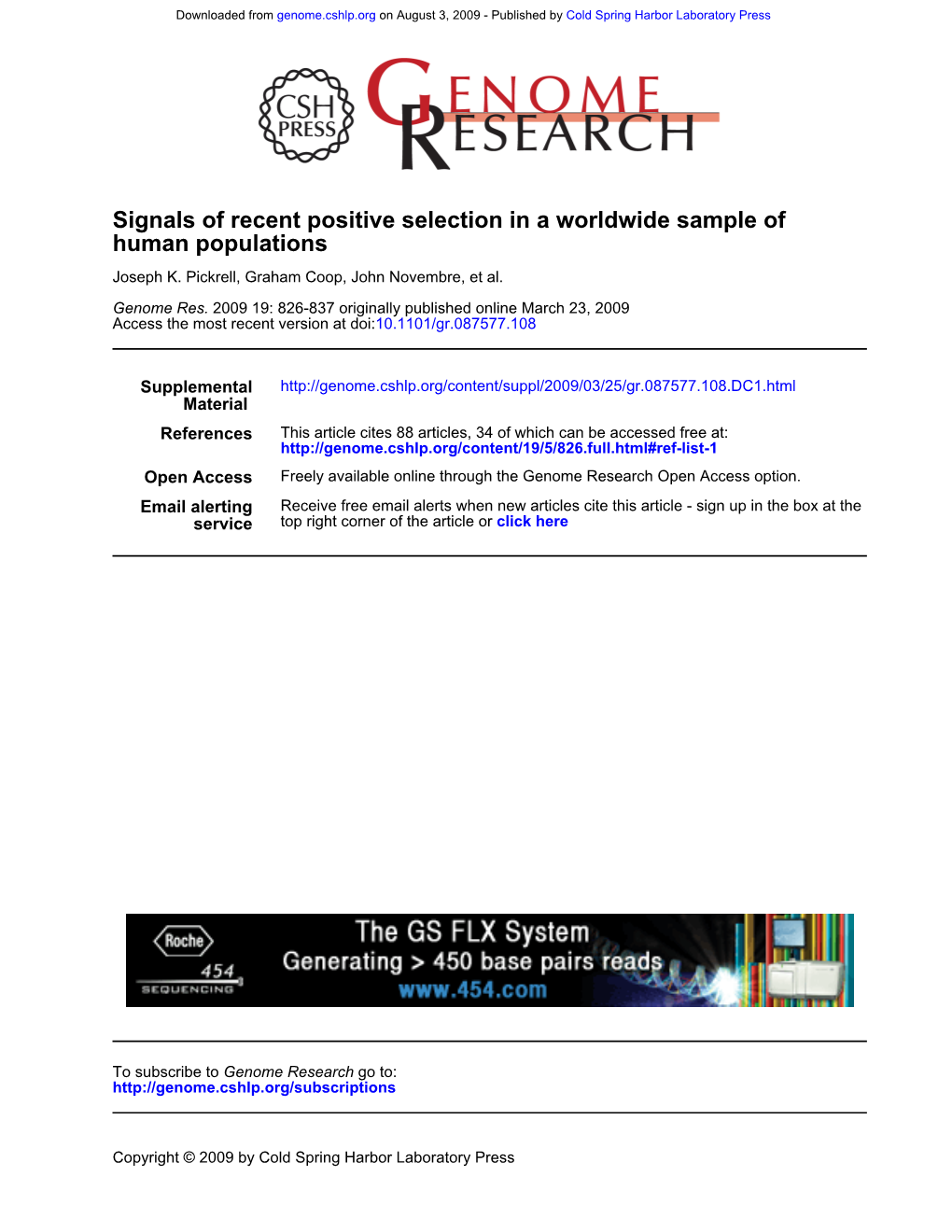 Human Populations Signals of Recent Positive Selection in a Worldwide