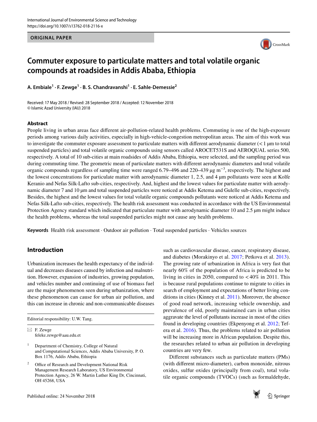 Commuter Exposure to Particulate Matters and Total Volatile Organic Compounds at Roadsides in Addis Ababa, Ethiopia