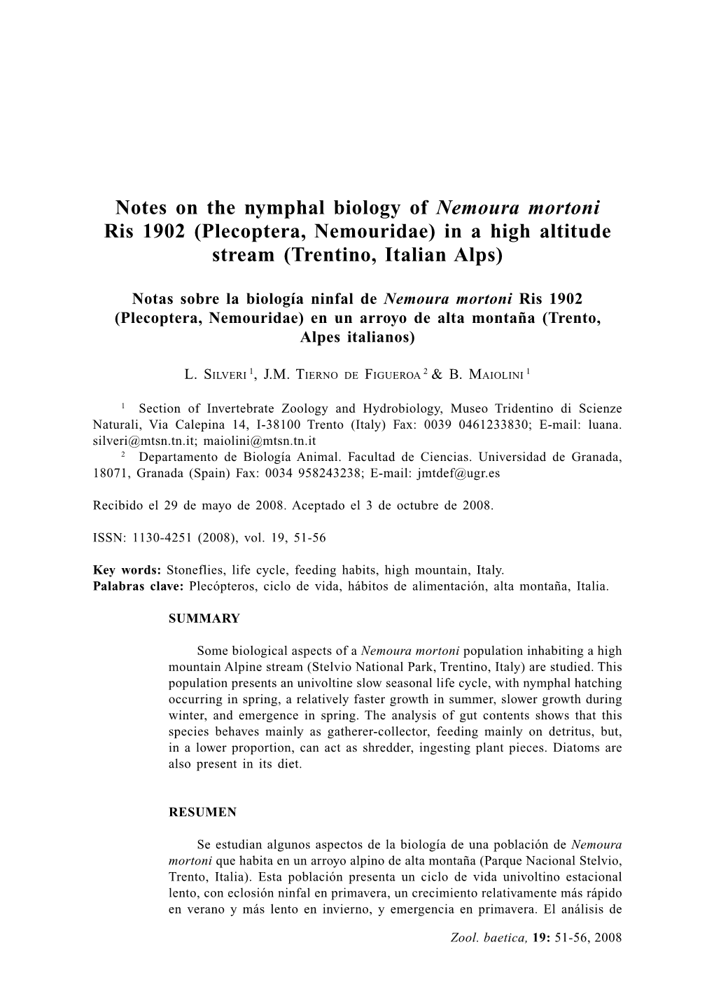 Notes on the Nymphal Biology of Nemoura Mortoni Ris 1902 (Plecoptera, Nemouridae) in a High Altitude Stream (Trentino, Italian Alps)