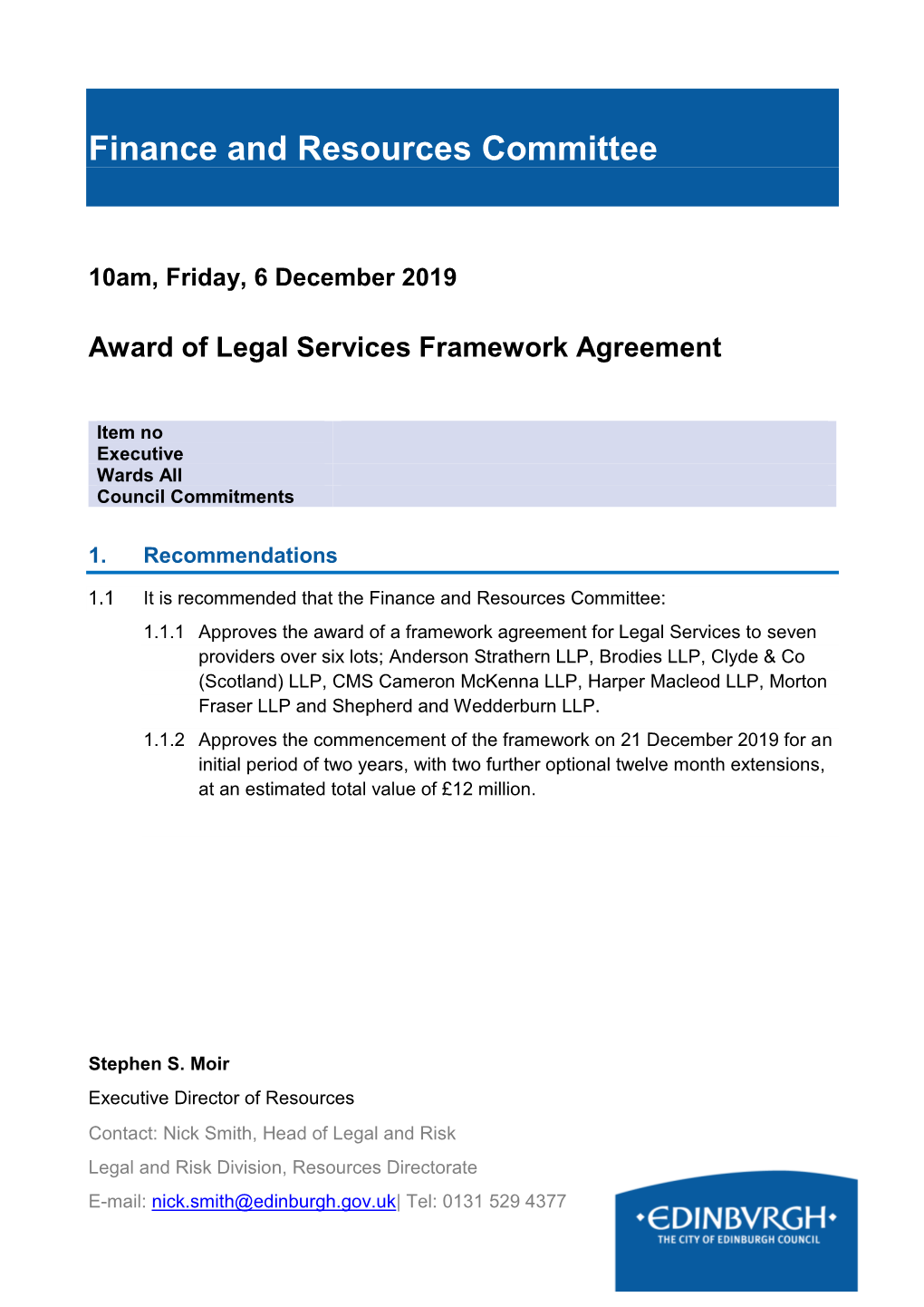 Award of Legal Services Framework Agreement