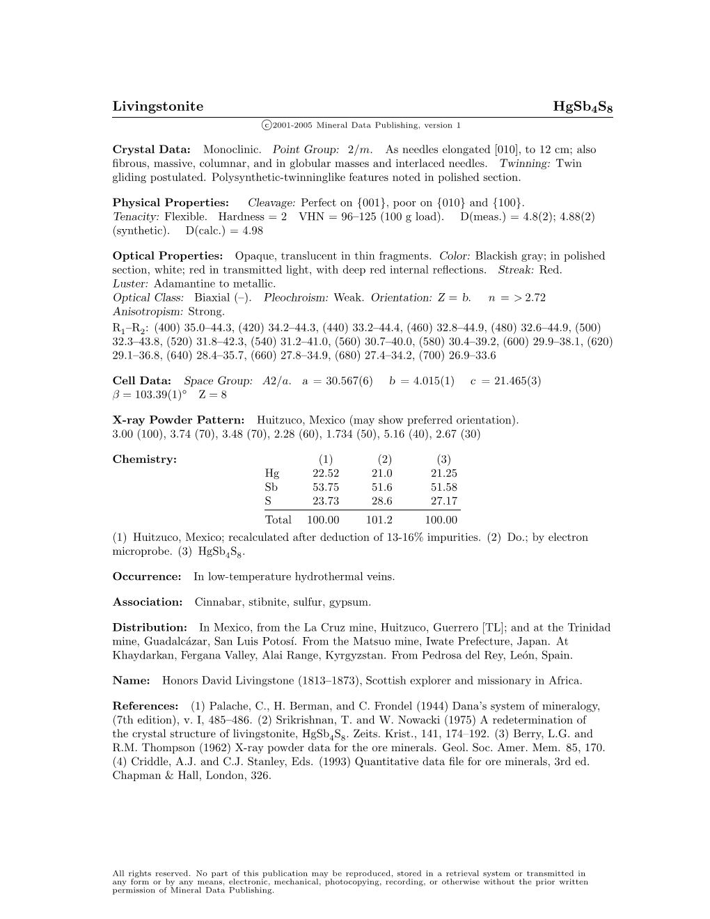 Livingstonite Hgsb4s8 C 2001-2005 Mineral Data Publishing, Version 1