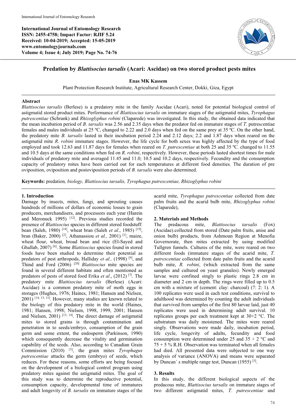 Predation by Blattisocius Tarsalis (Acari: Ascidae) on Two Stored Product Pests Mites