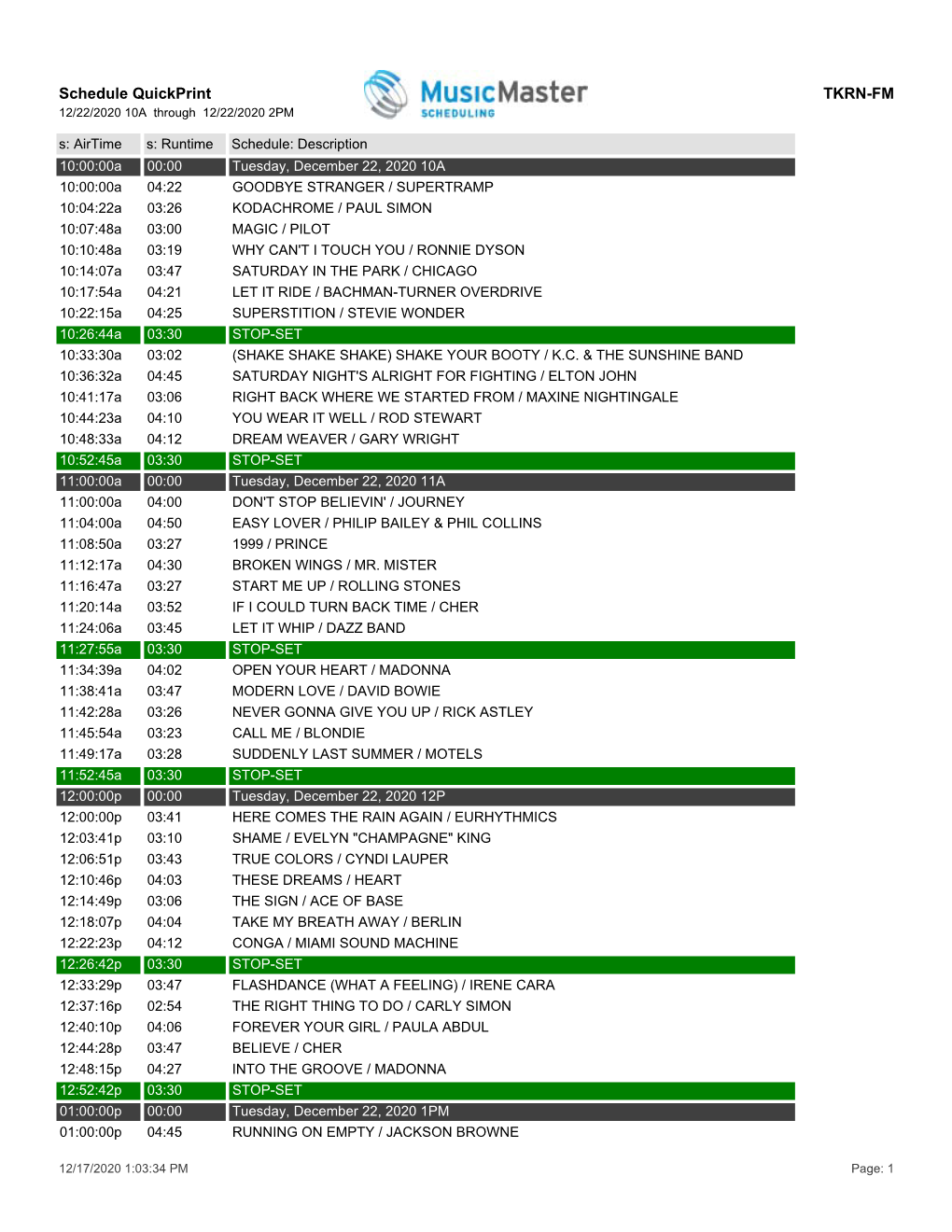 Schedule Quickprint TKRN-FM