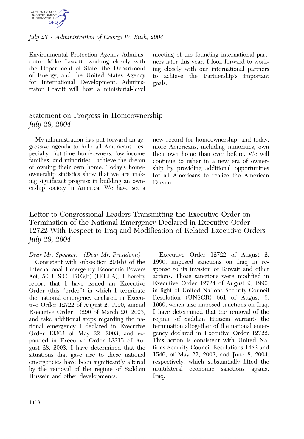 Statement on Progress in Homeownership July 29, 2004