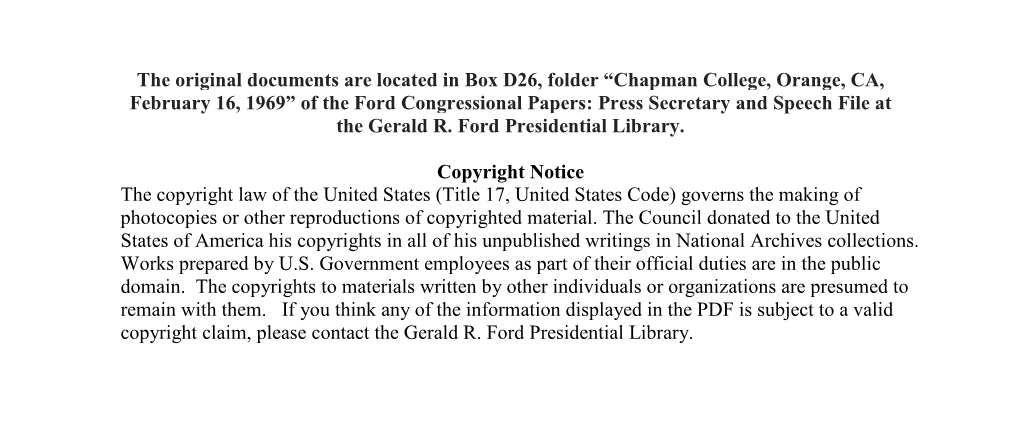 Chapman College, Orange, CA, February 16, 1969” of the Ford Congressional Papers: Press Secretary and Speech File at the Gerald R