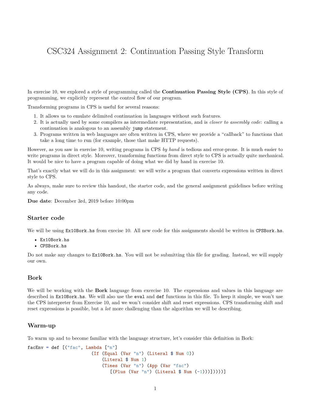 CSC324 Assignment 2: Continuation Passing Style Transform