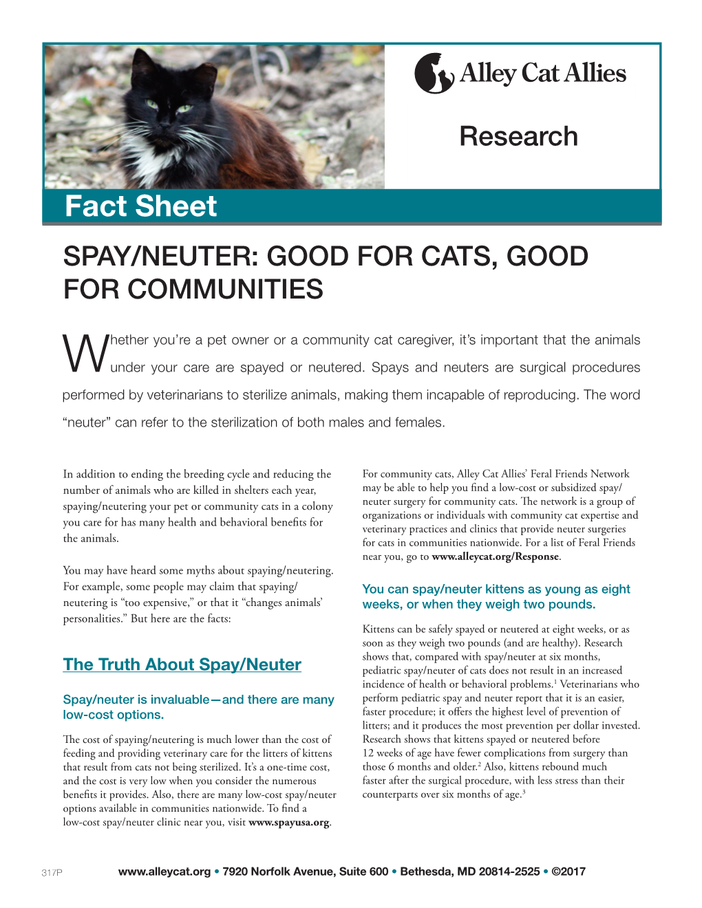 Fact Sheet SPAY/NEUTER: GOOD for CATS, GOOD for COMMUNITIES