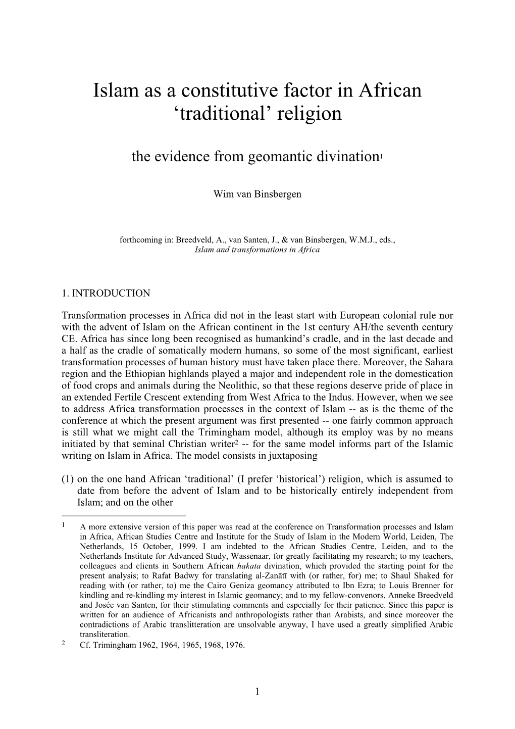 Islam As a Constitutive Factor in African 'Traditional' Religion