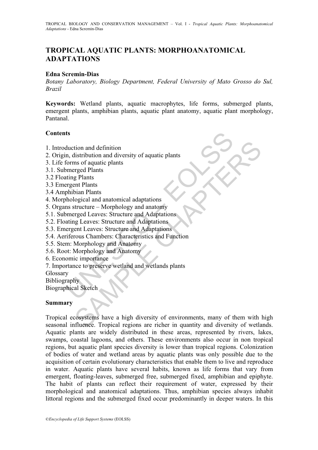 Tropical Aquatic Plants: Morphoanatomical Adaptations - Edna Scremin-Dias