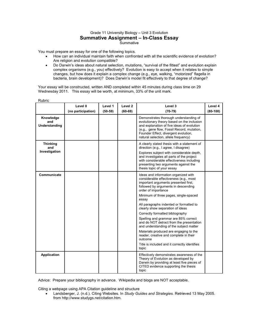 Grade 11 University Biology Unit 3 Evolution s1