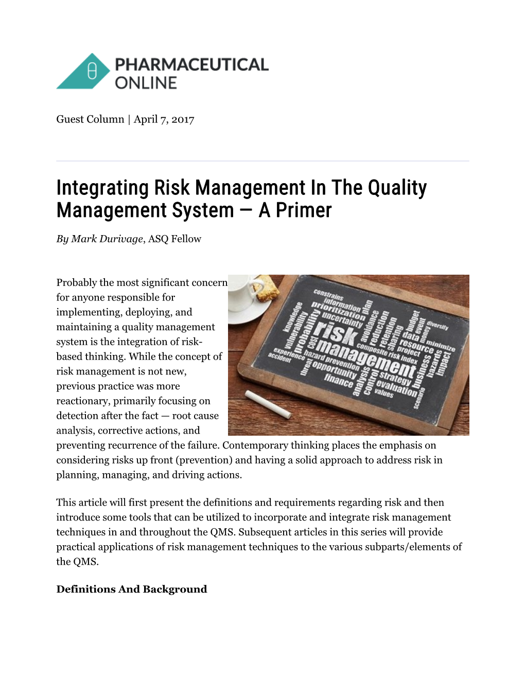 Integrating Risk Management in the Quality Management System — a Primer