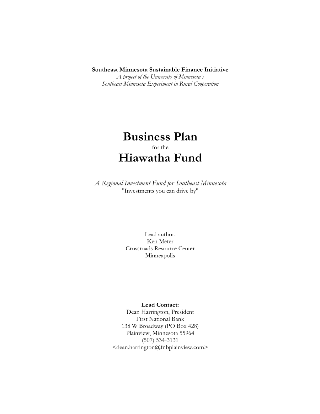 Business Plan Hiawatha Fund