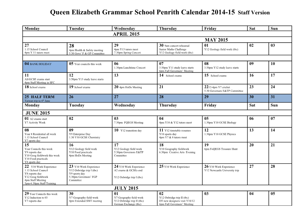 Devonport High School for Girls Calendar 2001-2002