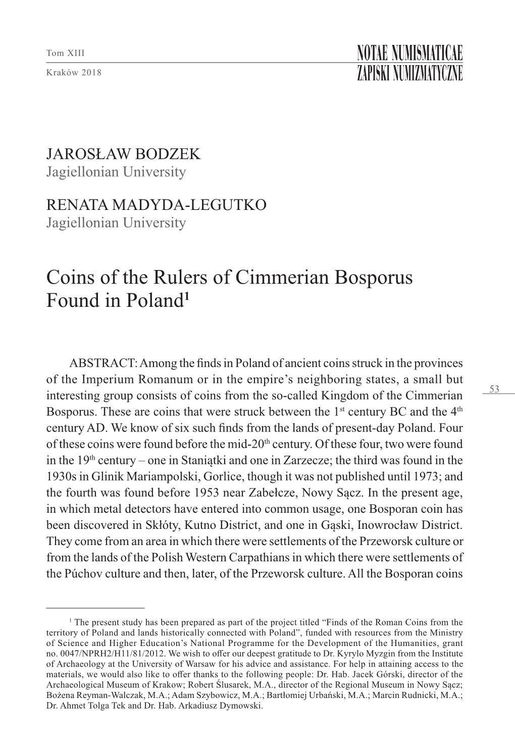 Coins of the Rulers of Cimmerian Bosporus Found in Poland1