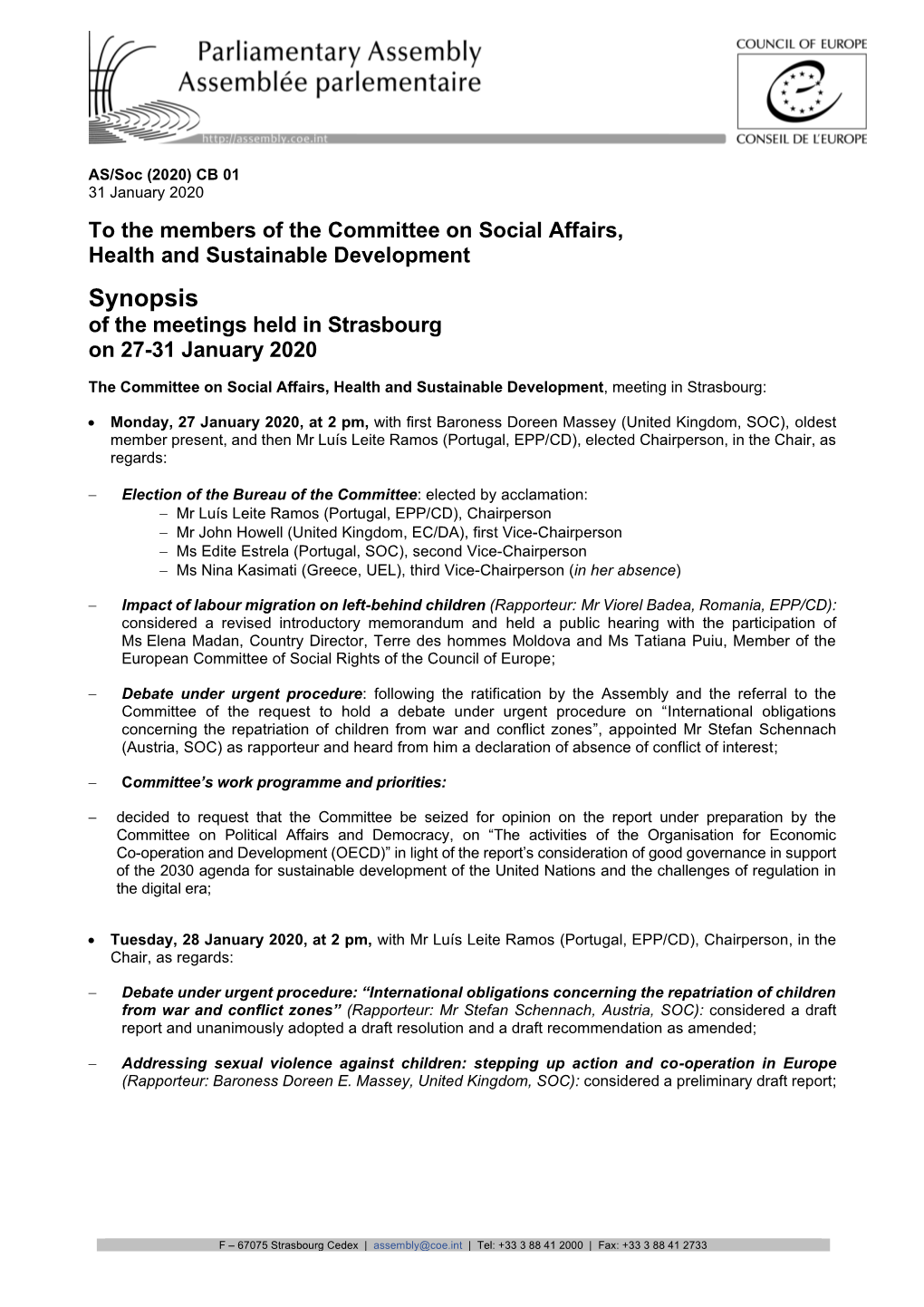 Synopsis of the Meetings Held in Strasbourg on 27-31 January 2020