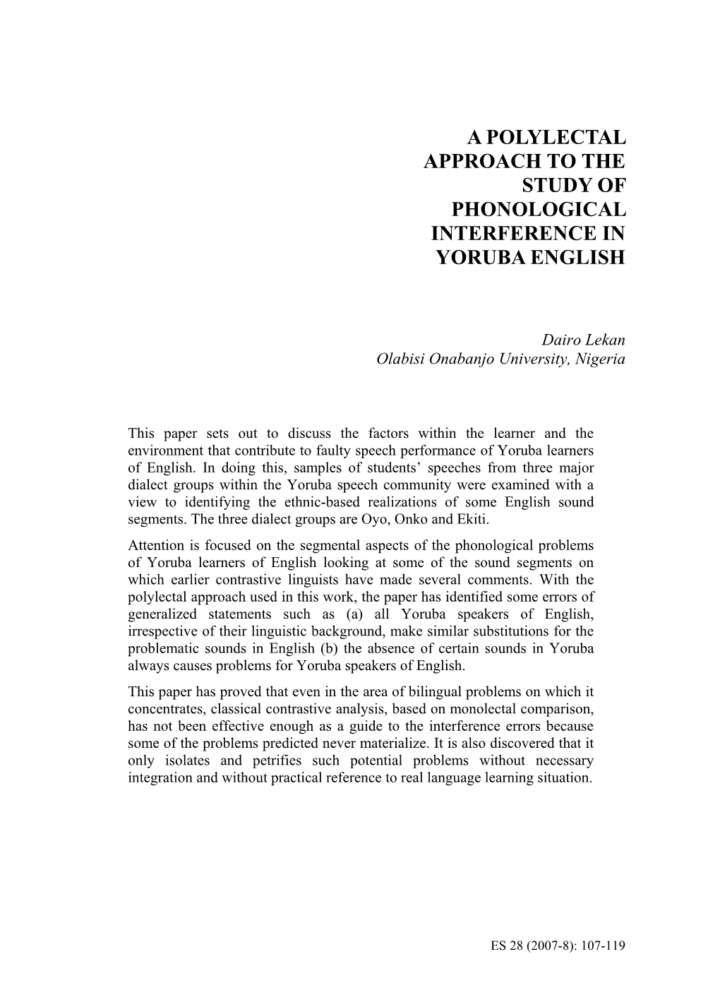 A Polylectal Approach to the Study of Phonological Interference in Yoruba English