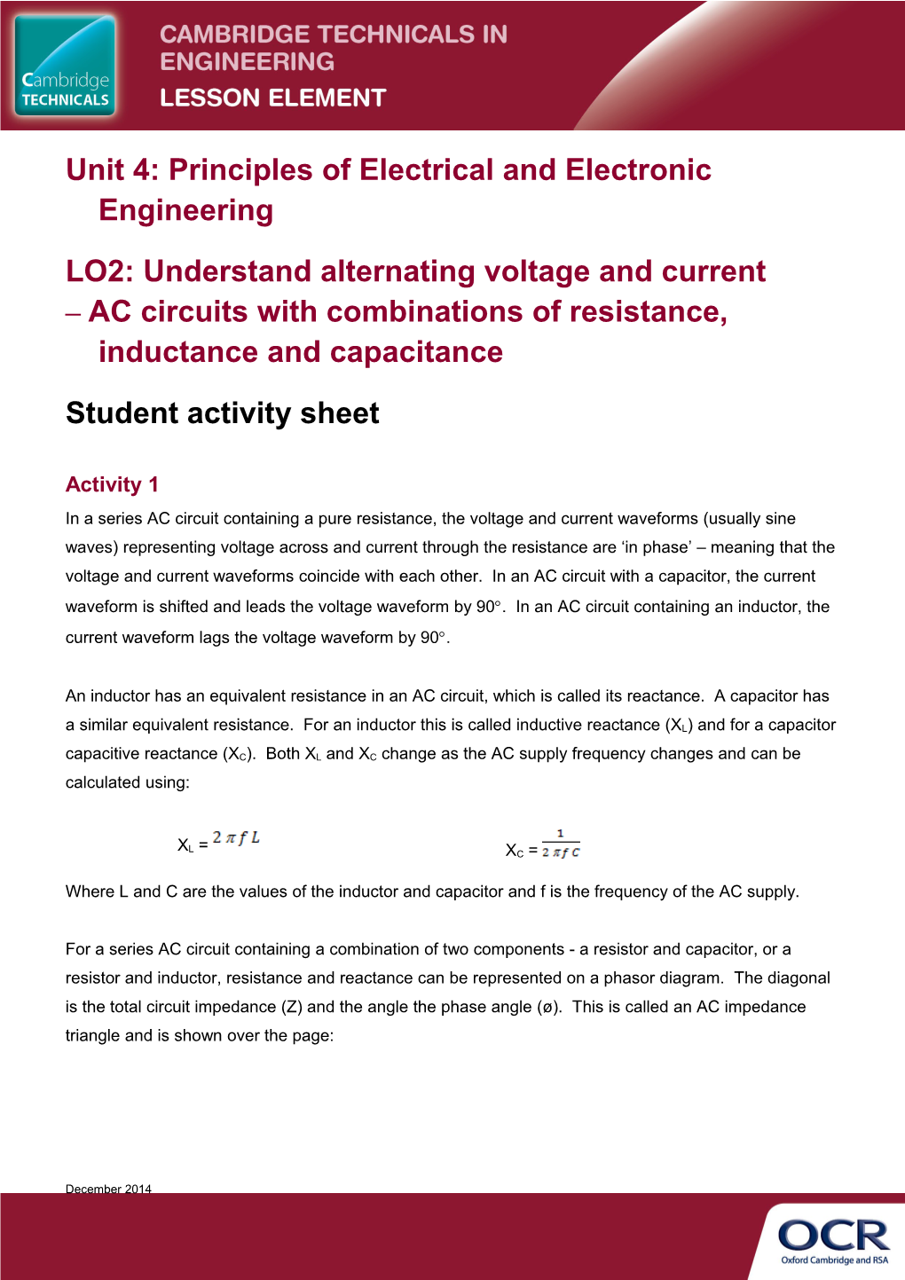 Cambridge Technicals in Engineering AC Circuits Lesson Element