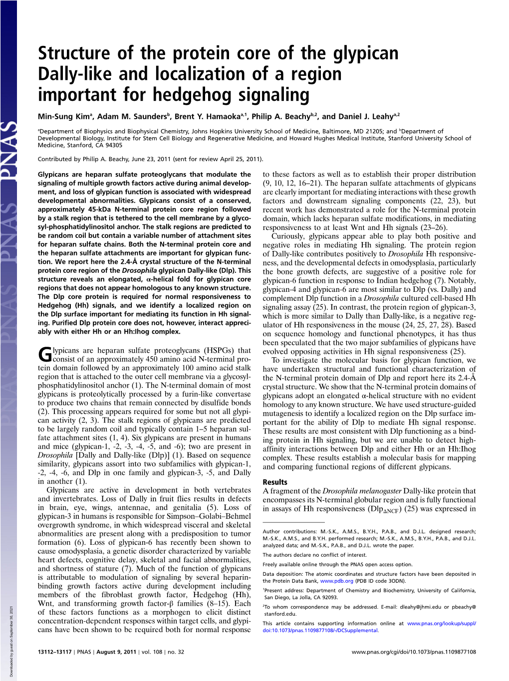 Structure of the Protein Core of the Glypican Dally-Like and Localization of a Region Important for Hedgehog Signaling