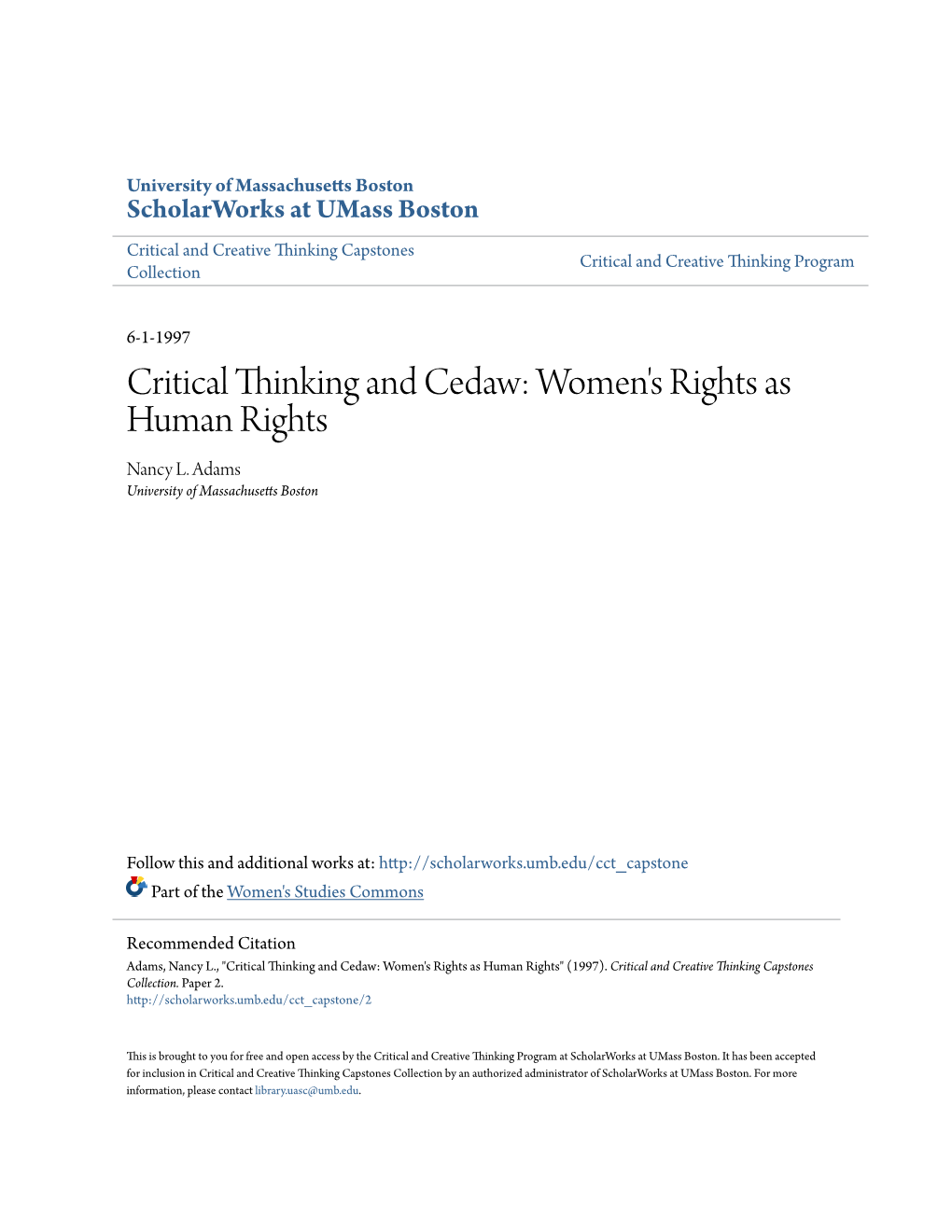 Critical Thinking and Cedaw: Women's Rights As Human Rights Nancy L