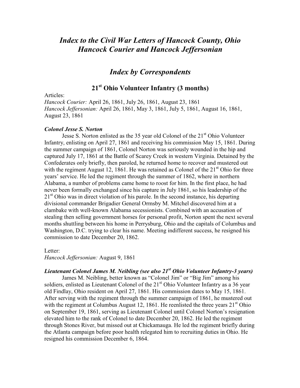 To the Civil War Letters of Hancock County, Ohio Hancock Courier and Hancock Jeffersonian