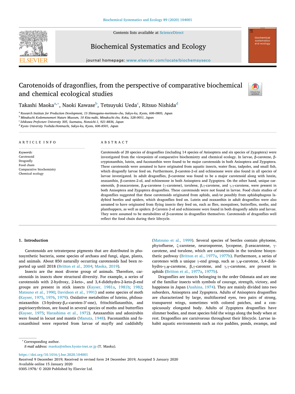 Carotenoids of Dragonflies, from the Perspective of Comparative