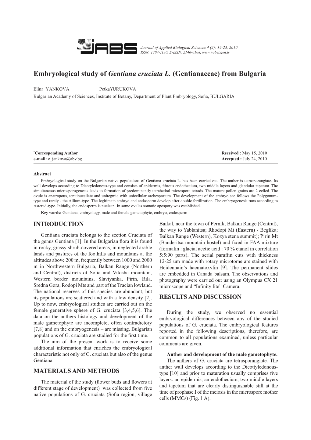 Embryological Study of Gentiana Cruciata L. (Gentianaceae) from Bulgaria