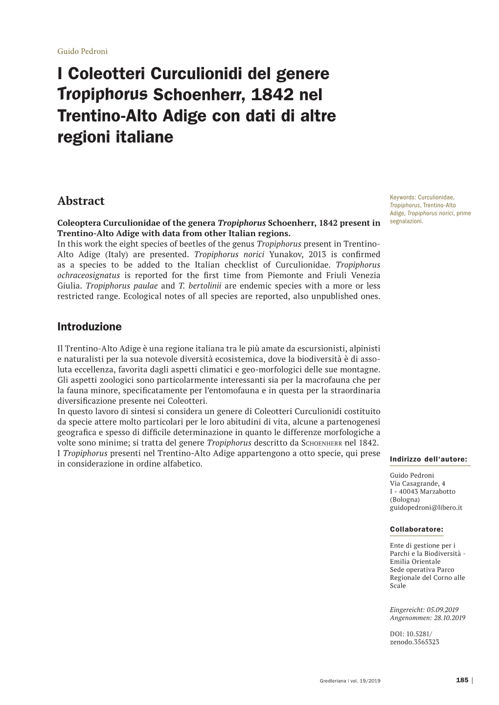 I Coleotteri Curculionidi Del Genere Tropiphorus Schoenherr, 1842 Nel Trentino-Alto Adige Con Dati Di Altre Regioni Italiane