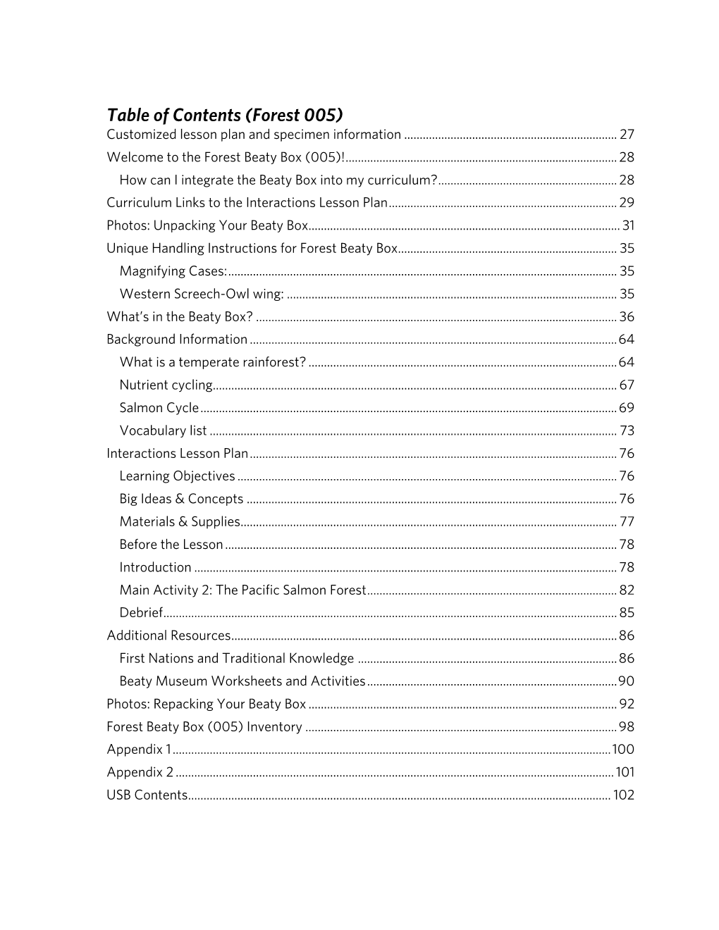 Forest 005) Customized Lesson Plan and Specimen Information