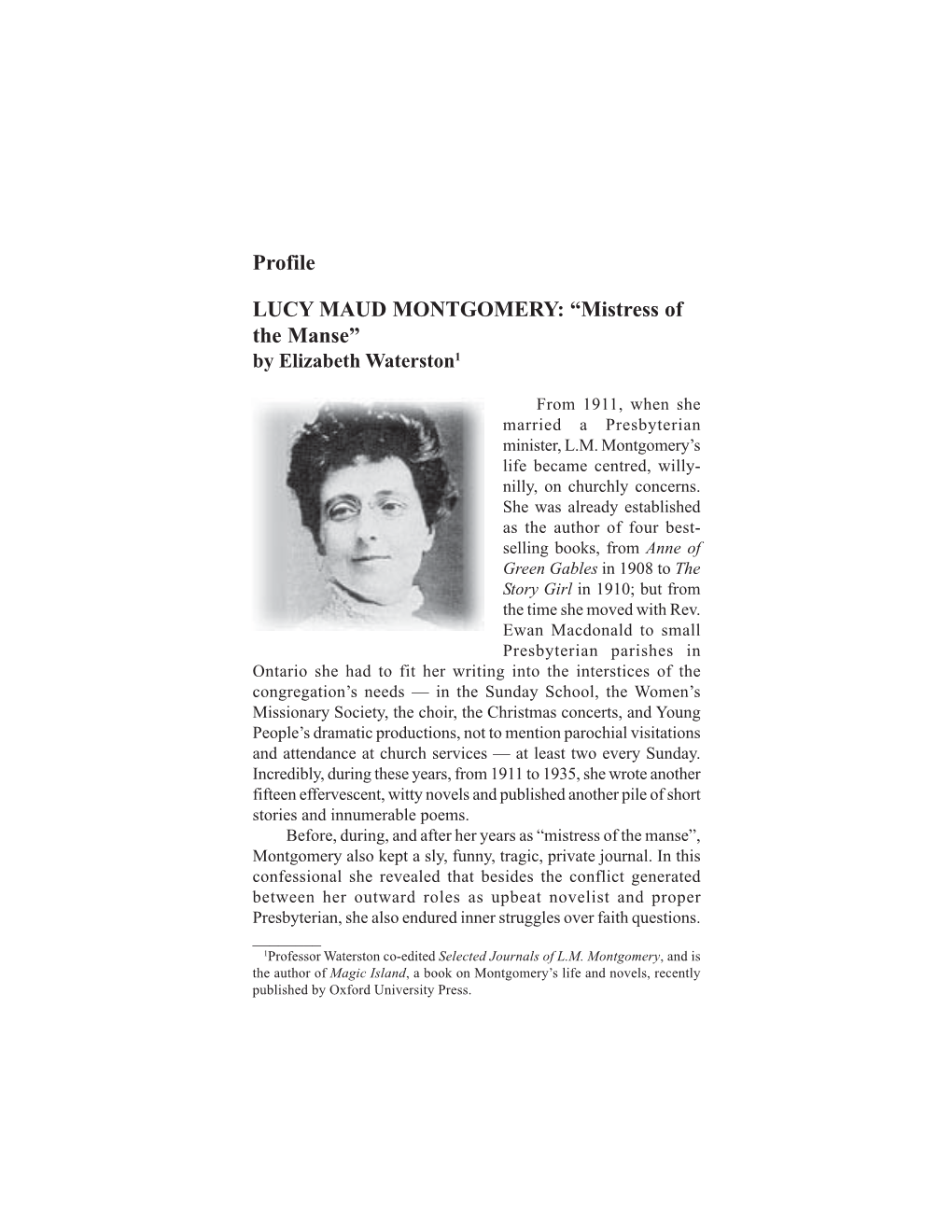 Profile LUCY MAUD MONTGOMERY: “Mistress of the Manse”