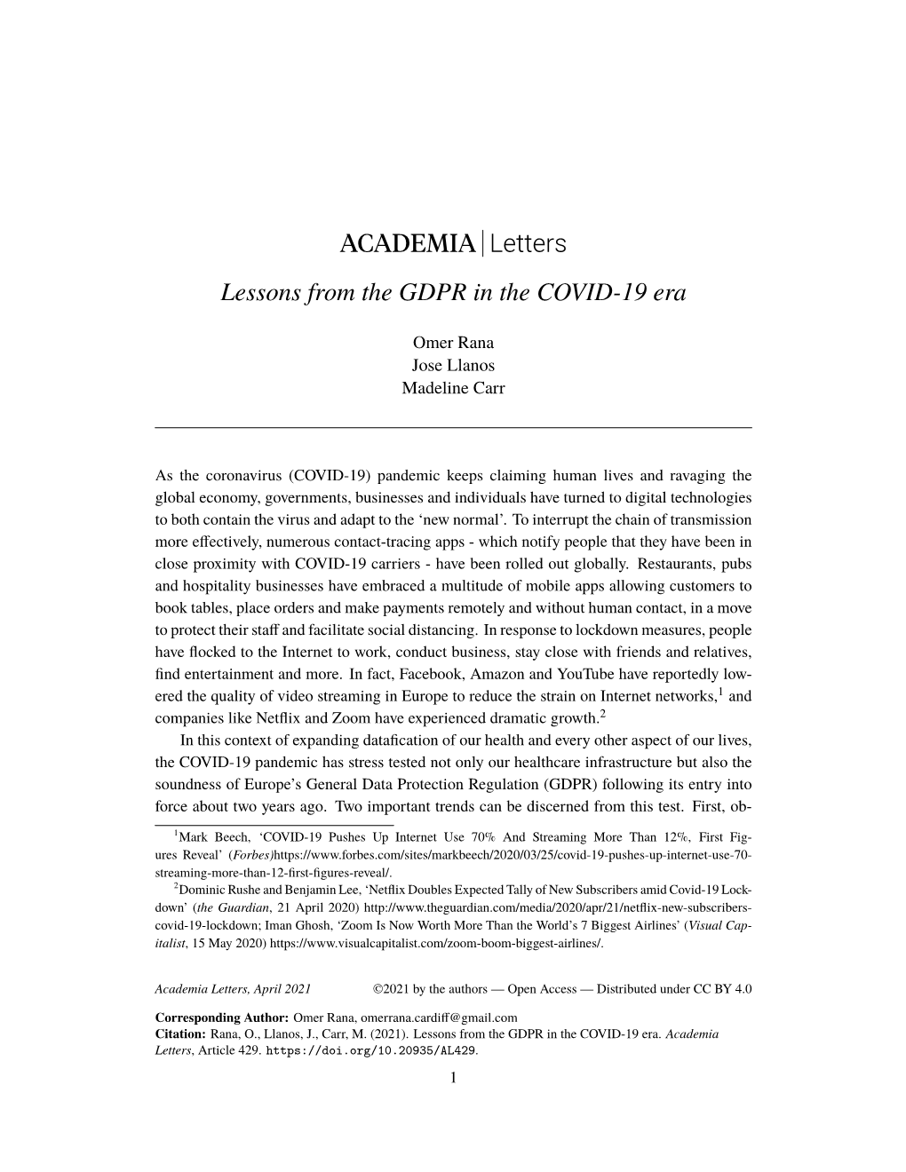 ACADEMIA Letters Lessons from the GDPR in the COVID-19 Era