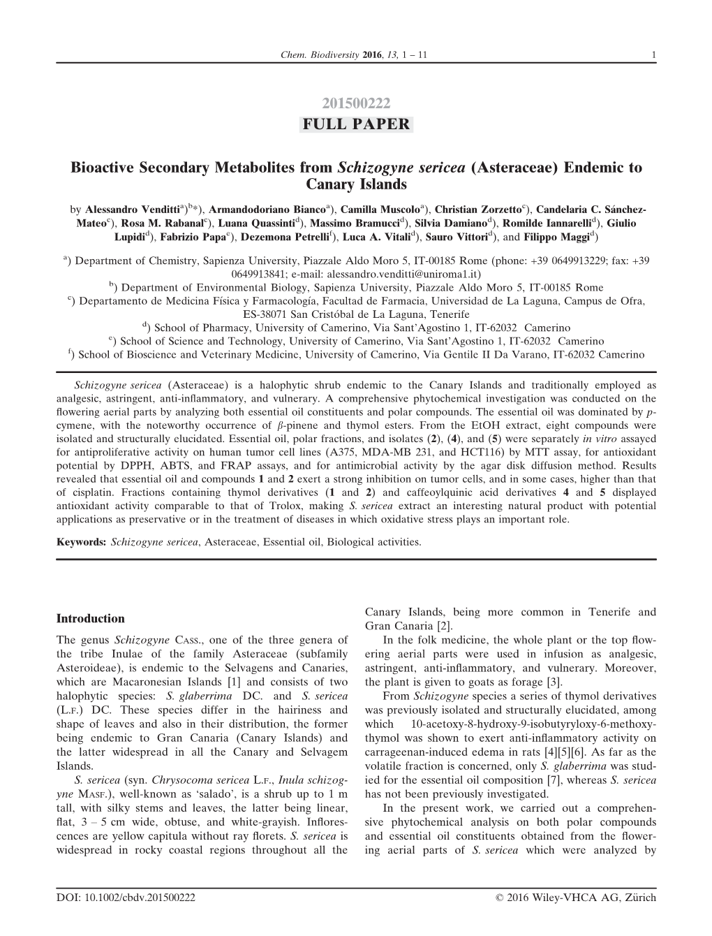 Bioactive Secondary Metabolites from Schizogyne Sericea (Asteraceae) Endemic to Canary Islands