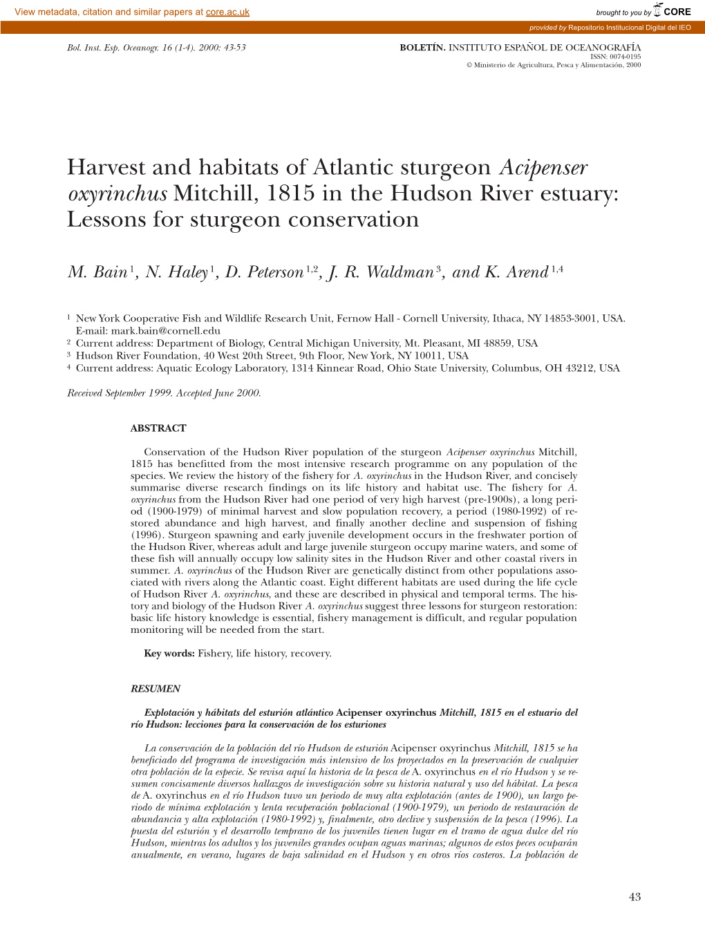 Harvest and Habitats of Atlantic Sturgeon Acipenser Oxyrinchus Mitchill, 1815 in the Hudson River Estuary: Lessons for Sturgeon Conservation