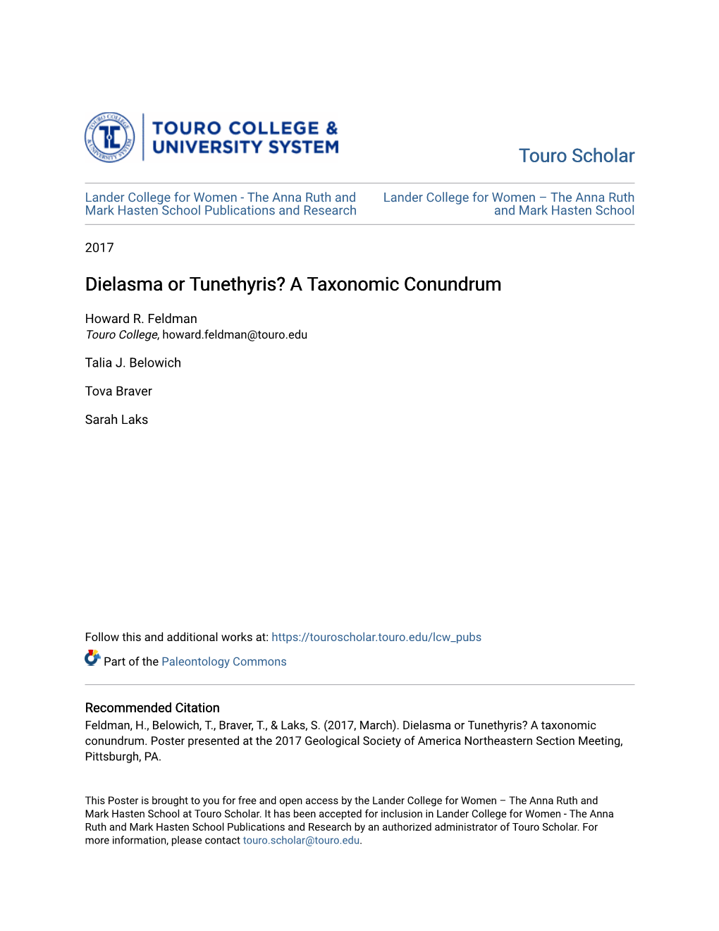 Dielasma Or Tunethyris? a Taxonomic Conundrum