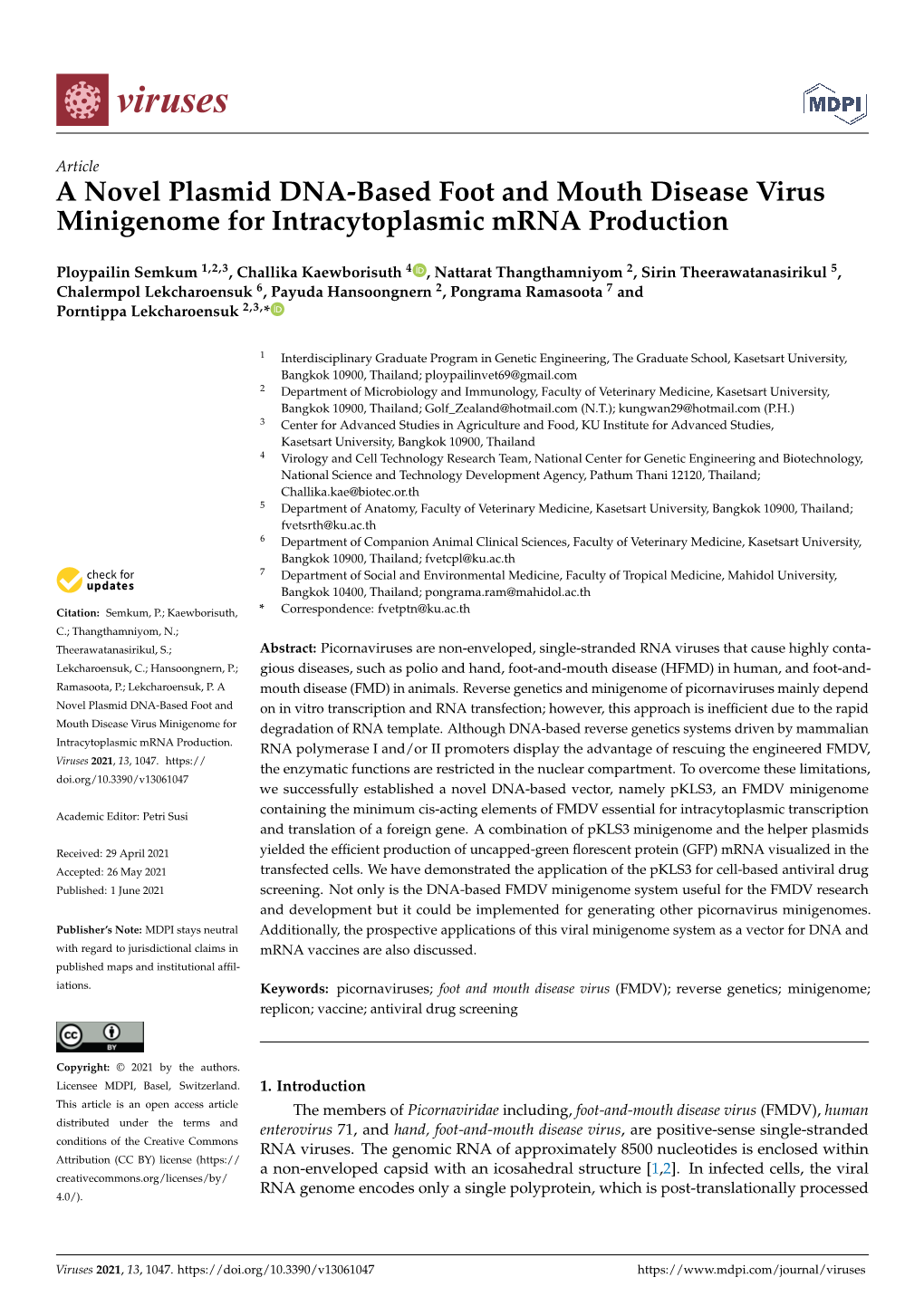 A Novel Plasmid DNA-Based Foot and Mouth Disease Virus Minigenome for Intracytoplasmic Mrna Production