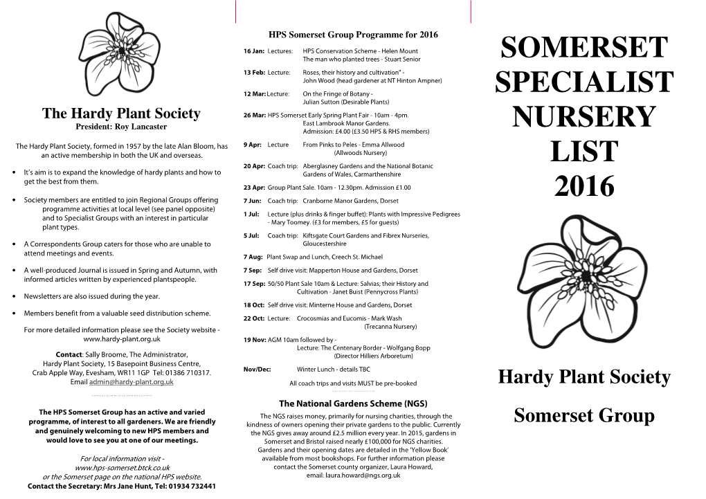Somerset Specialist Nursery List 2016