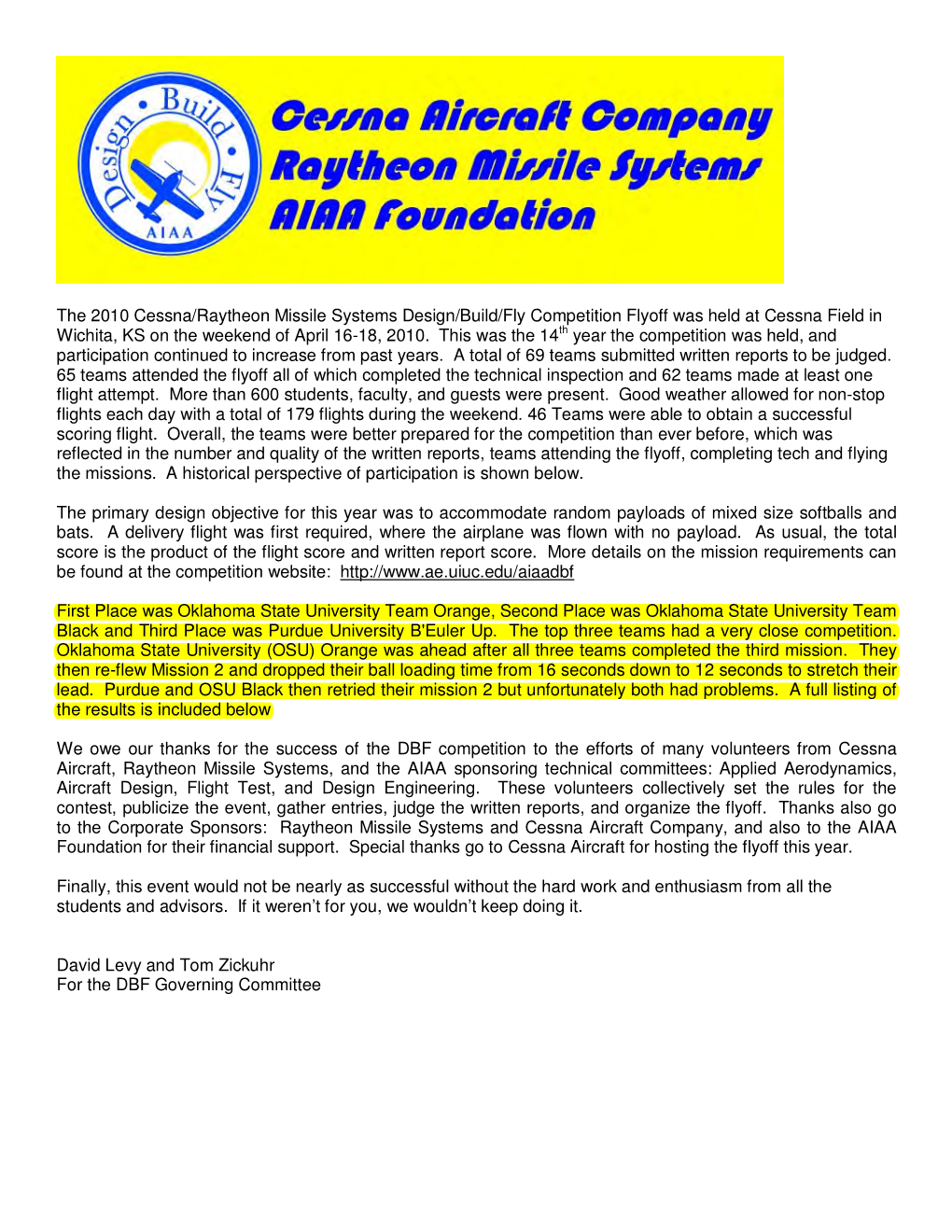 The 2010 Cessna/Raytheon Missile Systems Design/Build/Fly Competition Flyoff Was Held at Cessna Field in Wichita, KS on the Weekend of April 16-18, 2010
