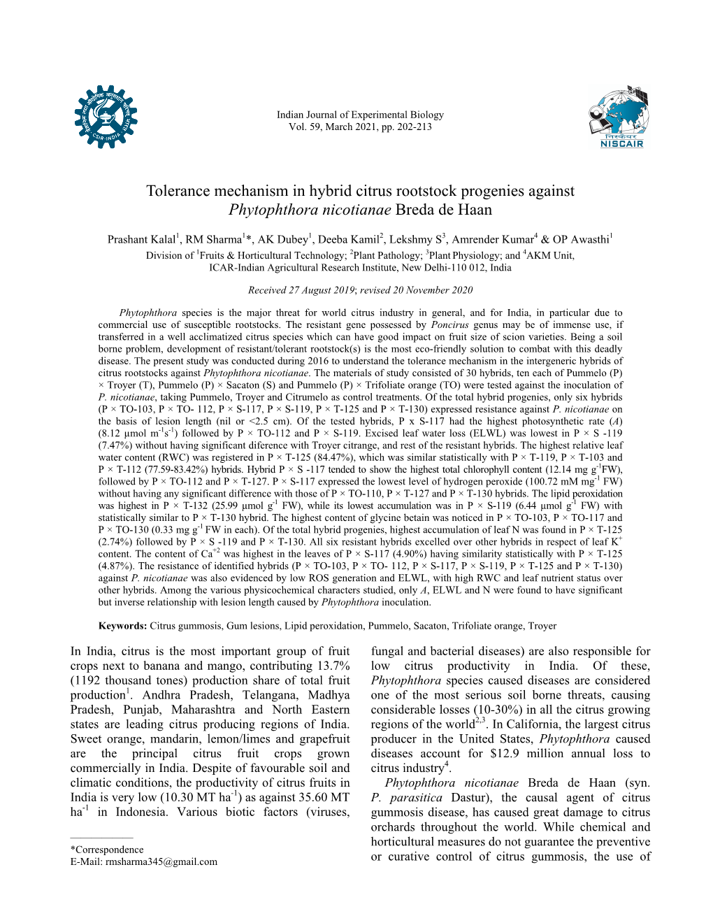 Tolerance Mechanism in Hybrid Citrus Rootstock Progenies Against Phytophthora Nicotianae Breda De Haan