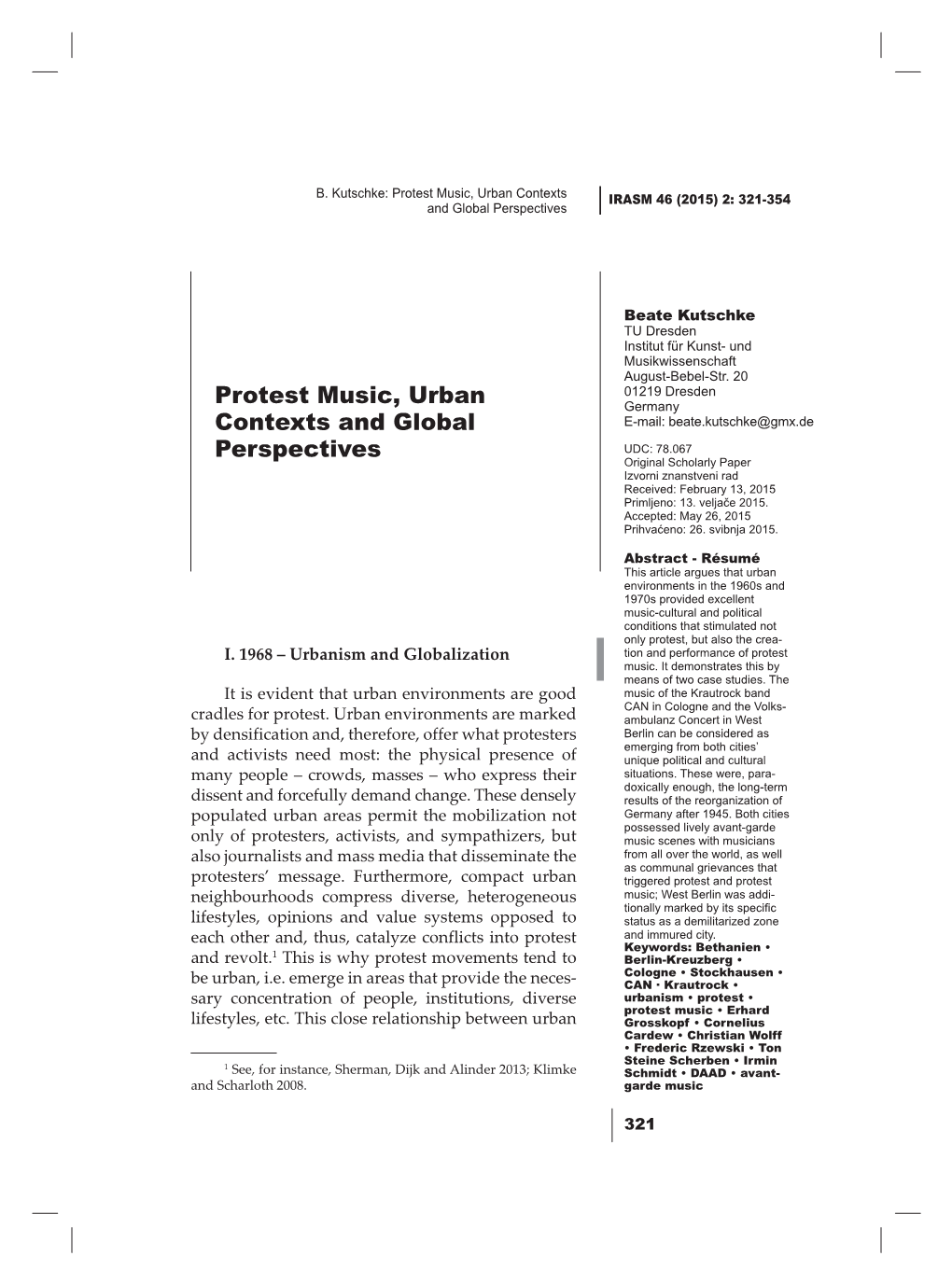 Protest Music, Urban Contexts and Global Perspectives