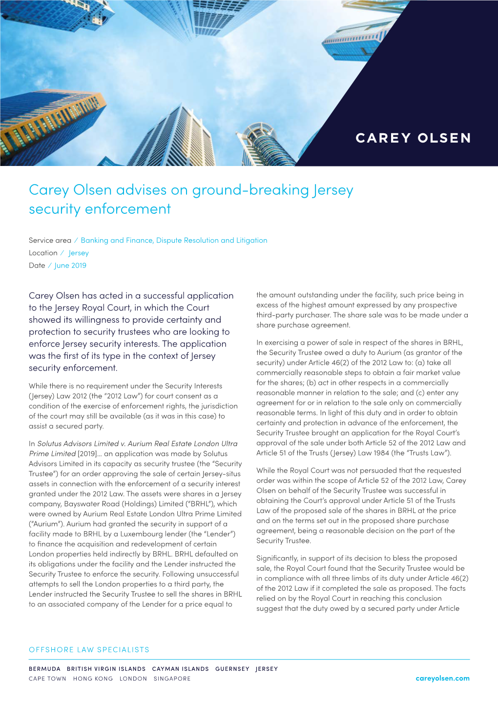 Carey Olsen Advises on Ground-Breaking Jersey Security Enforcement