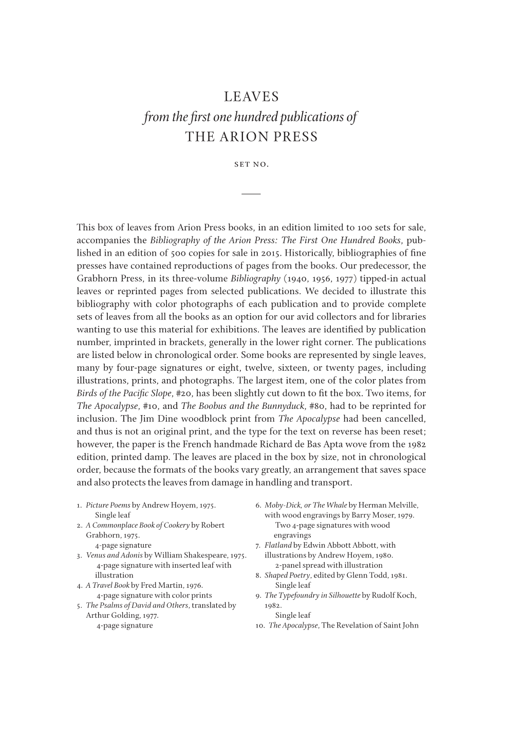 LEAVES from the ½Rst One Hundred Publications of the ARION PRESS