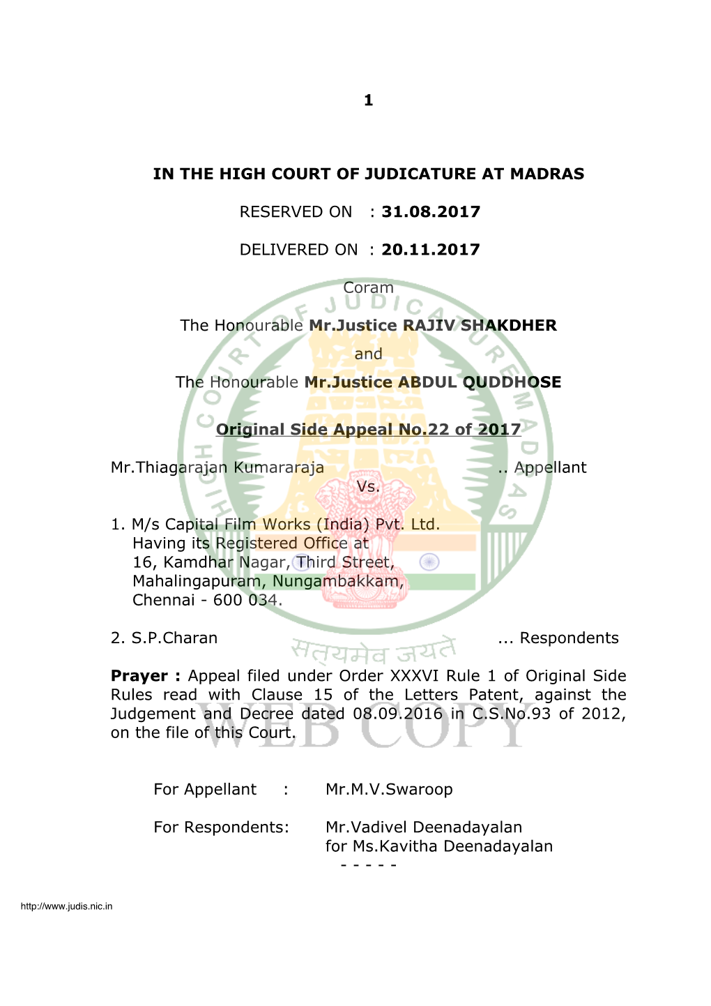 Madras High Court Judgment in Thiagarajan Kumararaja V