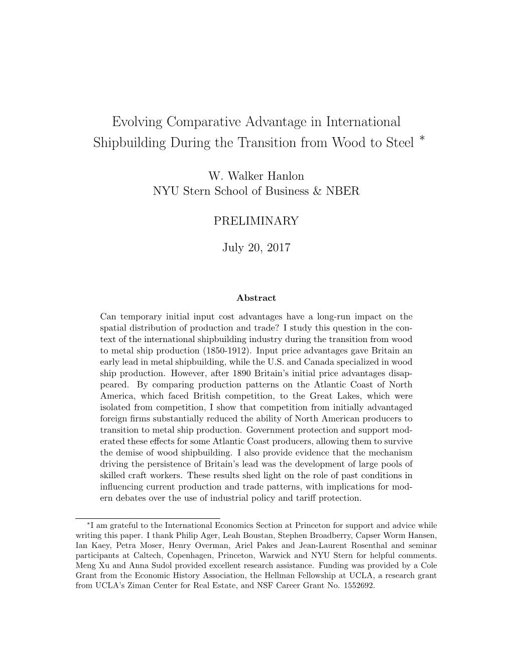 Evolving Comparative Advantage in International Shipbuilding During the Transition from Wood to Steel ∗