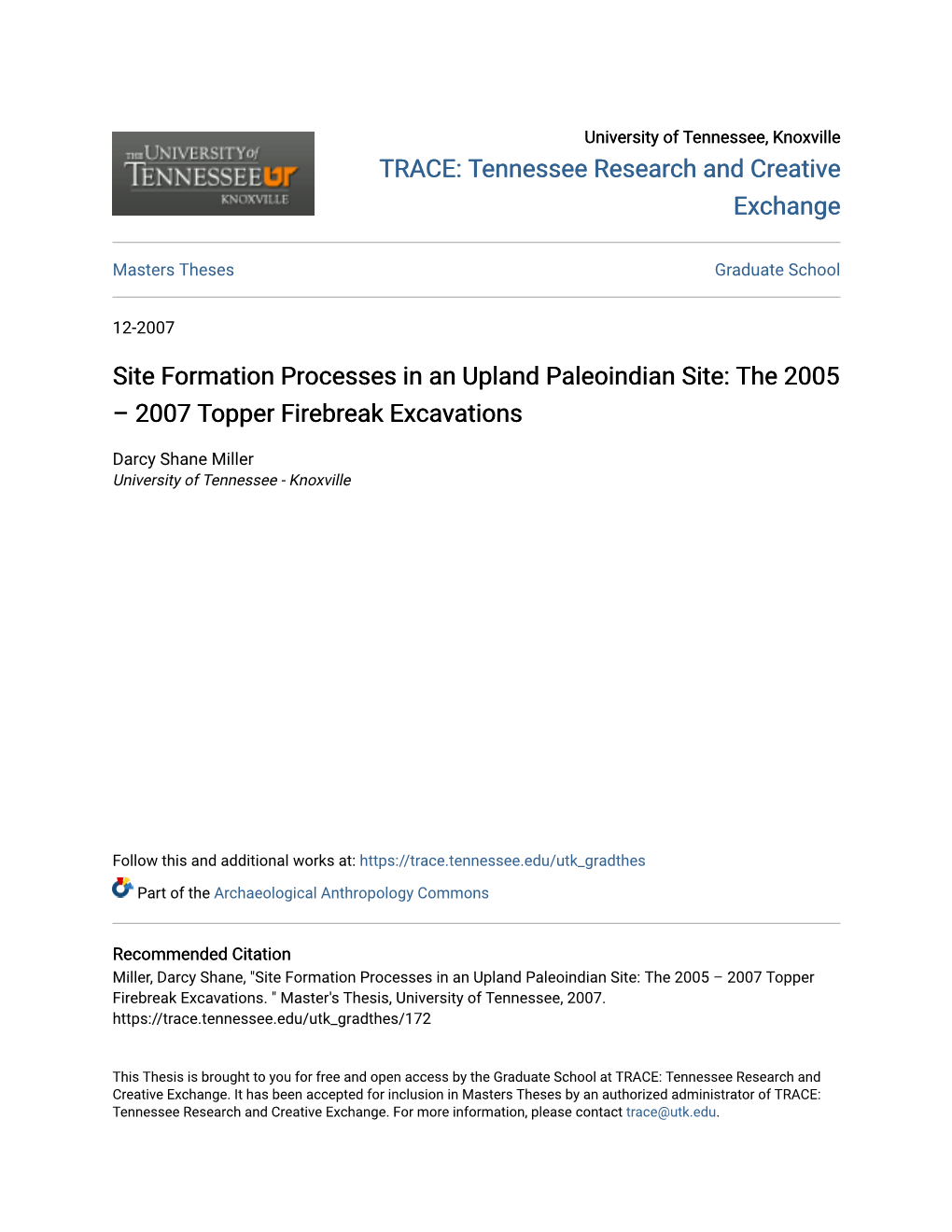 Site Formation Processes in an Upland Paleoindian Site: the 2005 – 2007 Topper Firebreak Excavations