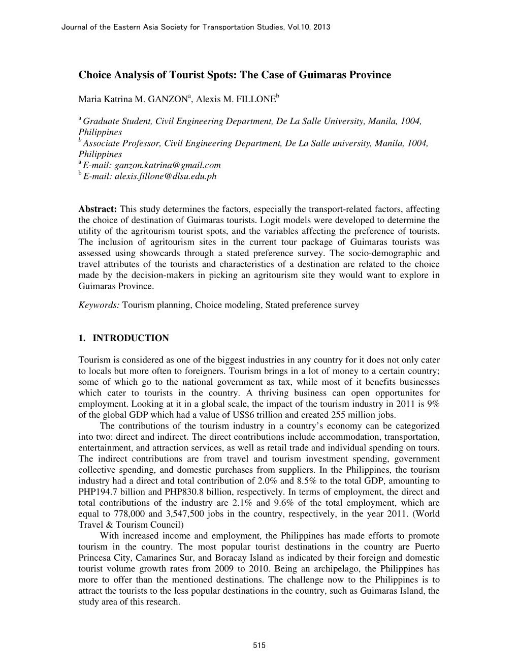 Choice Analysis of Tourist Spots: the Case of Guimaras Province