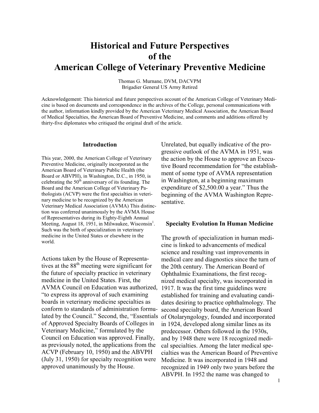 Historical and Future Perspectives of the American College of Veterinary Preventive Medicine