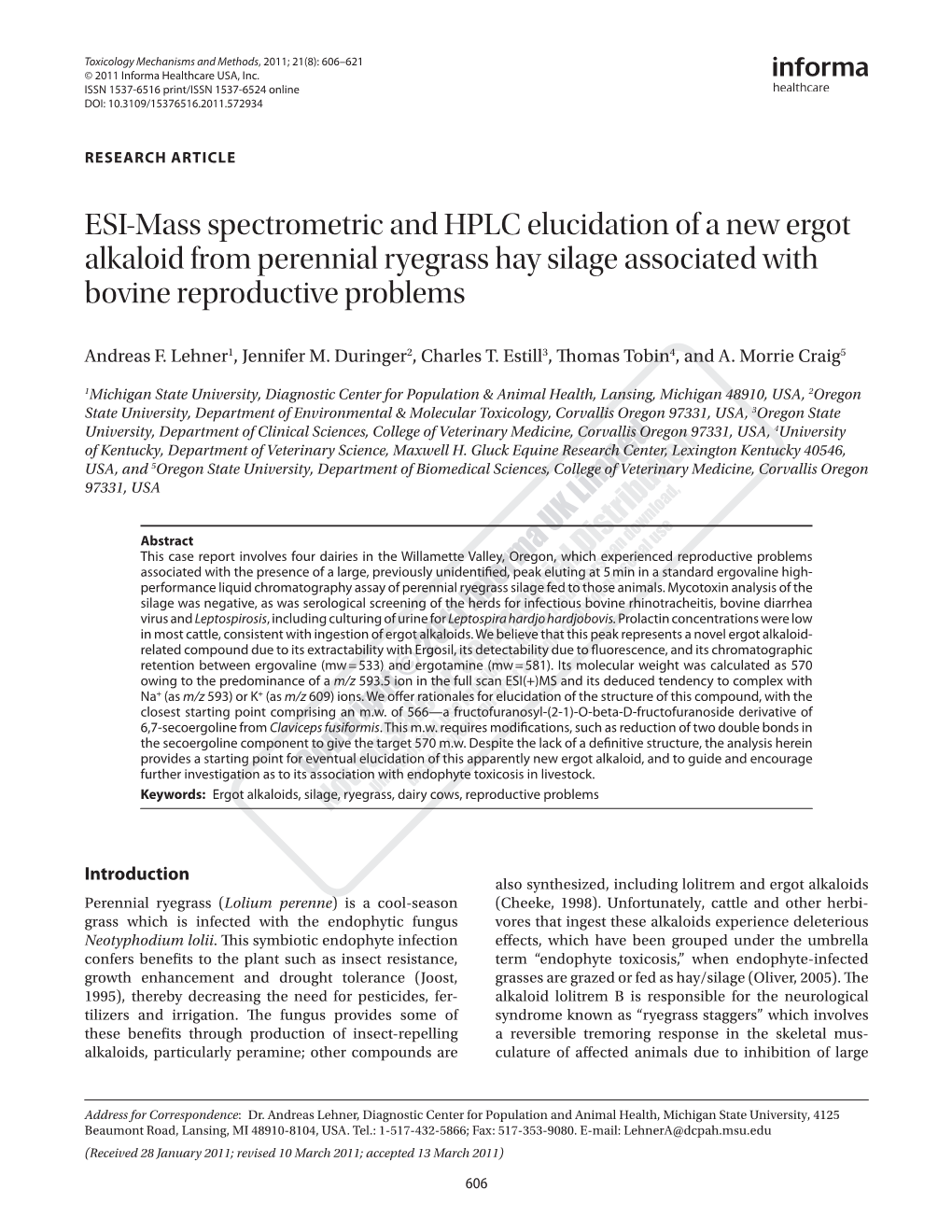 ESI-Mass Spectrometric and HPLC Elucidation of a New Ergot Alkaloid