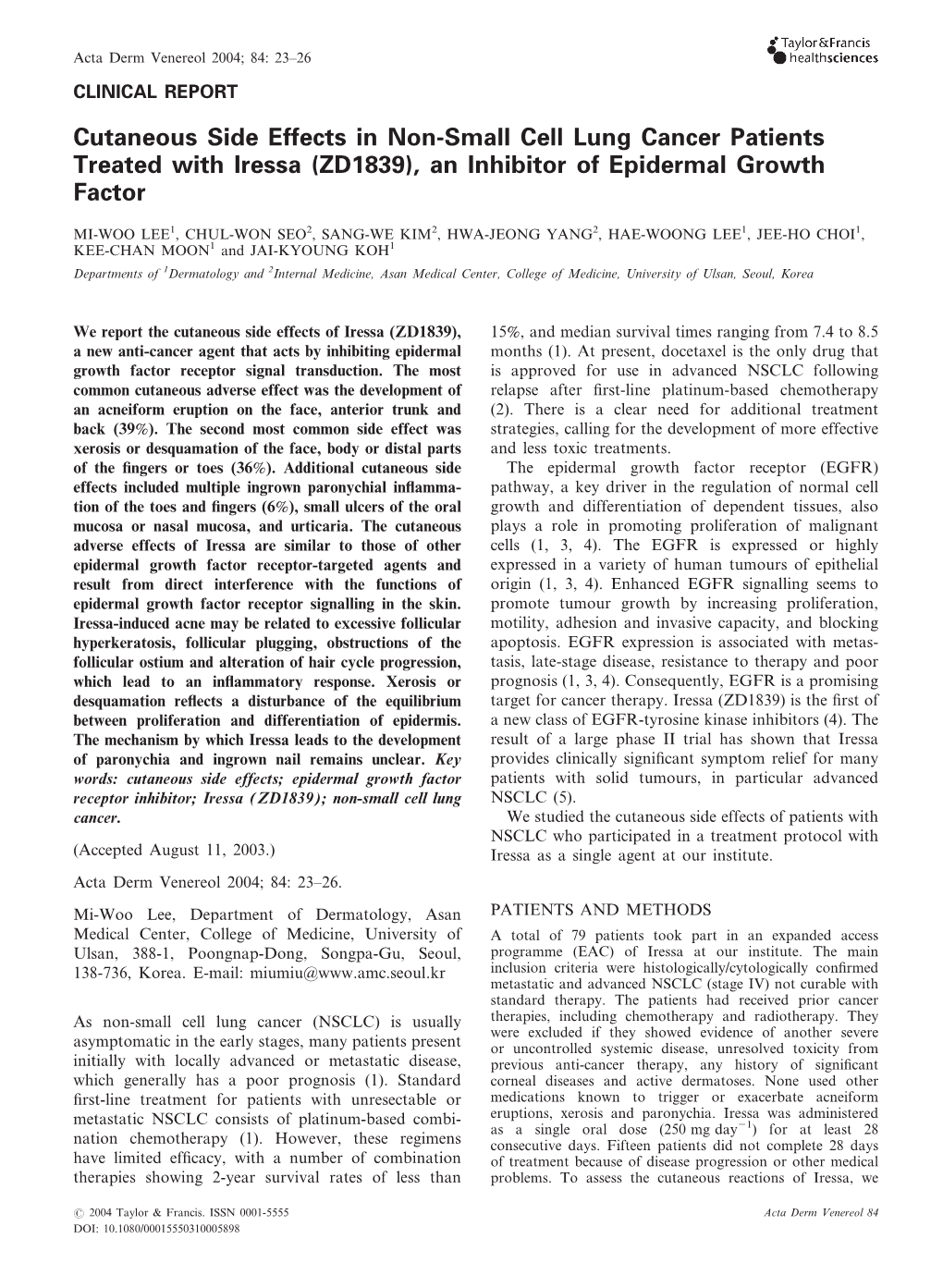 Cutaneous Side Effects in Non-Small Cell Lung Cancer Patients Treated with Iressa (ZD1839), an Inhibitor of Epidermal Growth Factor